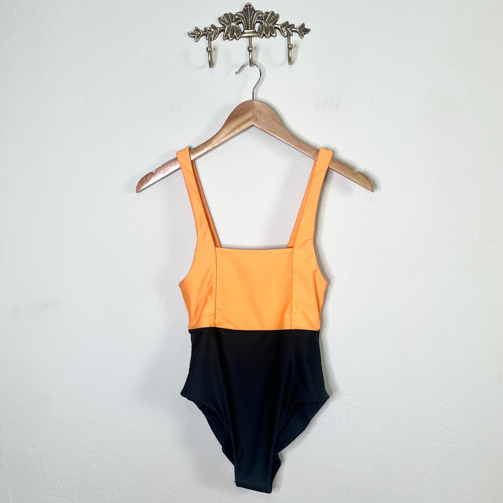 Khongboon‎ Swimwear Orange Black Colorblock Square Neck One Piece Swimsuit Small